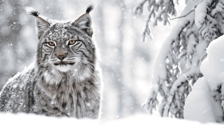 Portrait of a european lynx in winter forest.の素材