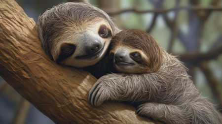 Two cute sloth on the tree. Close-up portrait.の素材