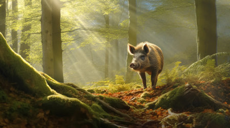 Wild boar in the forest with sunbeams and fog.の素材