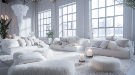 3d render of modern white living room interior design with white sofaの素材