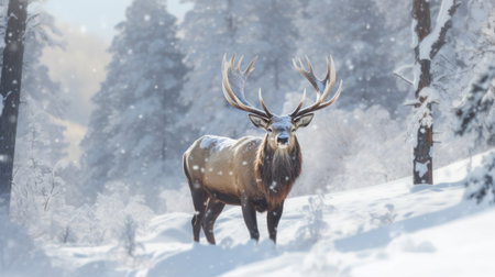 Mule deer in the snowy forest during the rutting seasonの素材