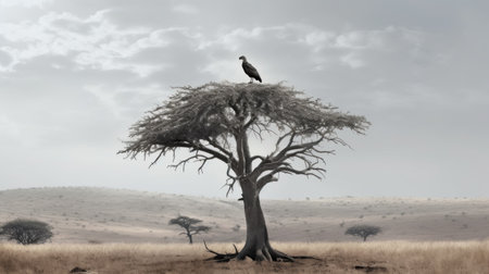 African savannah with acacia tree and a vulture in Kenyaの素材