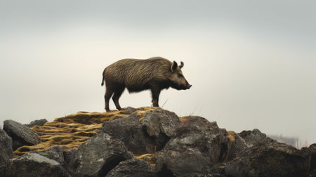 Wild boar on a rock in the foggy mountain landscape.の素材
