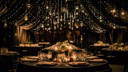 Wedding Banquet Table Decorated with Lights and Garlandの素材