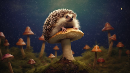 Hedgehog on a mushroom in the forest. 3d renderの素材