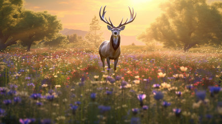 Deer in a field of wildflowers. 3d renderの素材