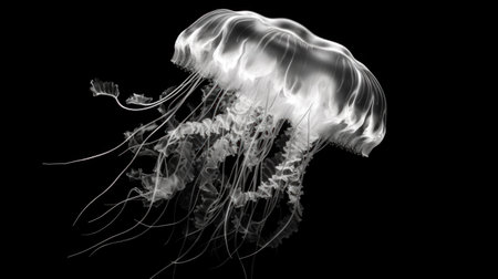 black and white jellyfish isolated on black background. 3d illustrationの素材
