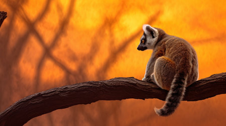 A ring-tailed lemur (Lemur catta) sitting on a branchの素材