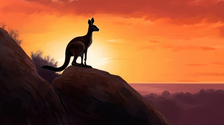 Kangaroo on the rock at sunset, 3d render illustrationの素材