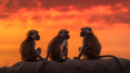 Group of monkeys sitting on the rock at sunset in the park.の素材