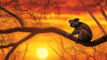 Koala sitting on a tree branch at sunset, 3d renderの素材