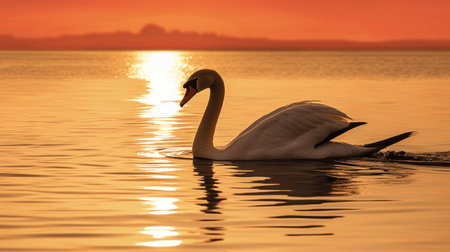 swan on lake at sunset, swans on pond, nature seriesの素材