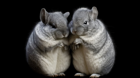 Two gray chinchilla isolated on black background, 3d renderの素材