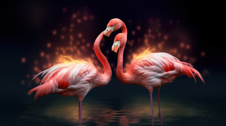 Two flamingos on a black background. 3d rendering, 3d illustration.の素材