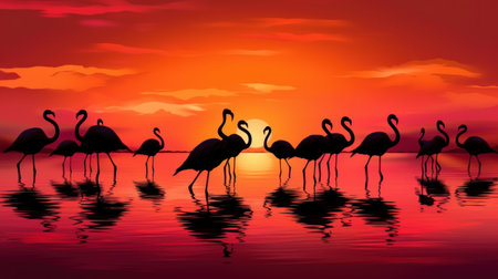 Flamingo birds in the lagoon at sunset, vector illustrationの素材