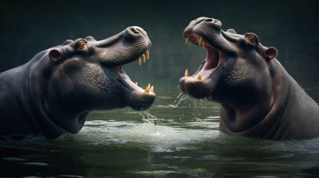 Hippos in the water. Two hippos are fighting.の素材