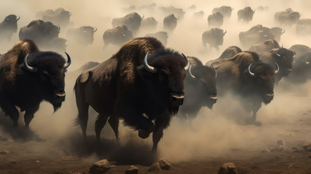 Wild bison herd in the foggy steppe of Kazakhstan.の素材