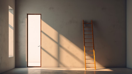 Ladder in empty room with wooden door. 3D Renderingの素材
