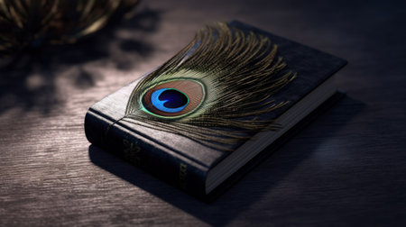 Book with peacock feather on wooden table. Selective focus.の素材