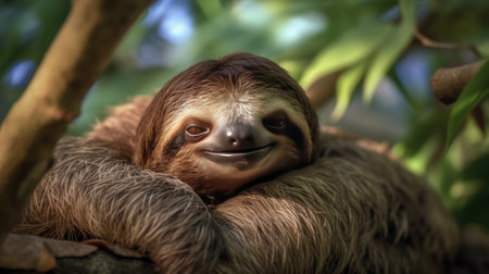 Cute sloth resting on the tree in the rainforest.の素材