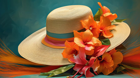 Summer straw hat with orange hibiscus flowers on blue backgroundの素材