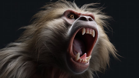 Close-up portrait of a baboon with open mouth on a black backgroundの素材