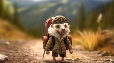 Hedgehog in a jacket with a backpack in the mountains.の素材