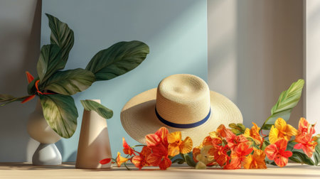 Straw hat and flower vase on the wooden table. 3d renderingの素材