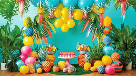 Pineapple cake with colorful balloons on green grass and blue backgroundの素材