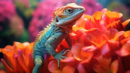 Close up of a blue iguana on a orange flower background.の素材