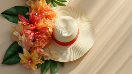 Straw hat and flower on the beige background. Top view.の素材