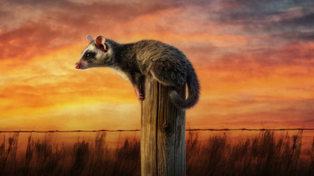 A sugar glider sits on a wooden post against a sunset sky.の素材