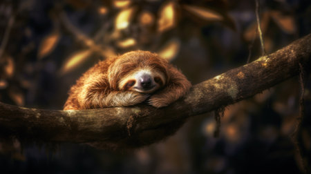 Sleeping sloth on a tree branch in the rainforestの素材