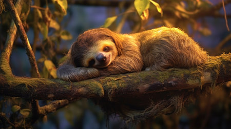 Sloth sleeping on a tree branch in the rainforest of Costa Ricaの素材