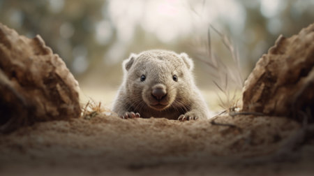 Wombat in the wild, Australia. Wildlife scene from nature.の素材