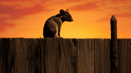 Rat sitting on a wooden fence against a sunset sky. 3d renderの素材