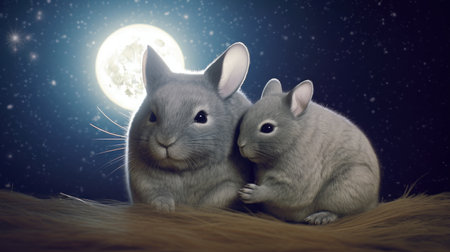 Two cute rabbits in front of the full moon. 3d renderingの素材