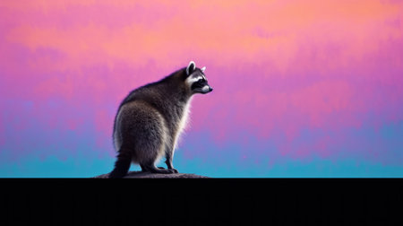 Raccoon on a background of a pink and purple sunset.の素材