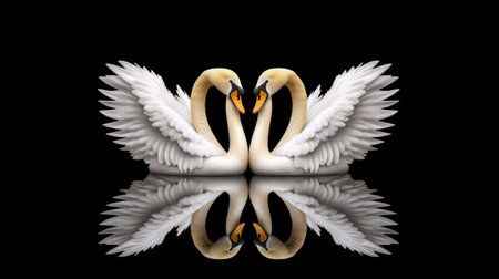 Two swans on a black background with reflection and reflection in the water.の素材
