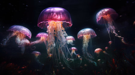 Jellyfish in the aquarium. Colorful jellyfishes.の素材