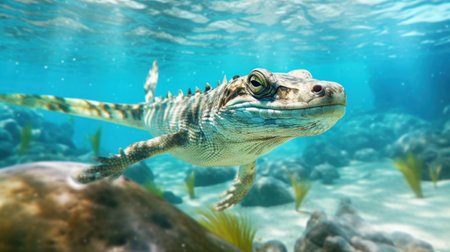 Crocodile swimming underwater in the ocean. Underwater world.の素材