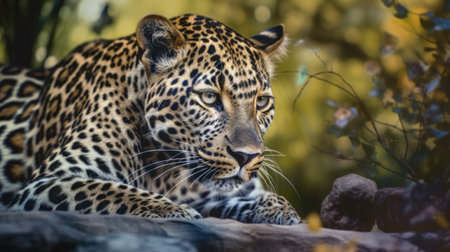 Leopard lying on a log and looking at the camera in the forestの素材