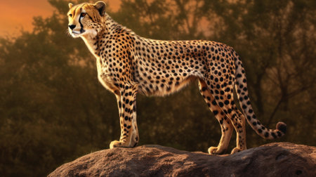 Cheetah standing on a rock looking at the camera at sunsetの素材