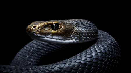 Portrait of a black snake on a black background. Close-up.の素材