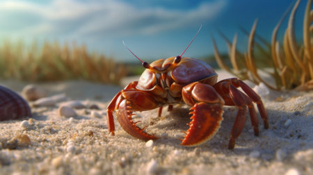 Close-up of a crab on the sandy beach against the blue skyの素材