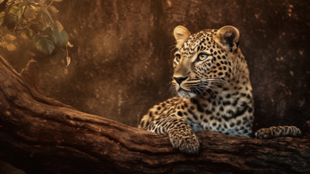 Leopard lying on a log in a zoo. Wild animal.の素材
