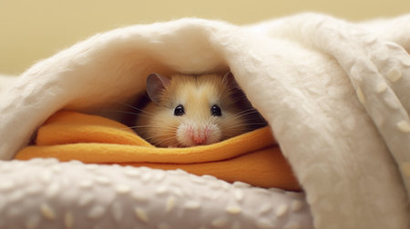 Cute little hamster peeking out from under the blanket.の素材