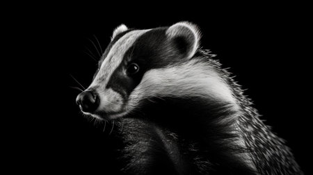 Portrait of a badger on a black background. Black and white.の素材