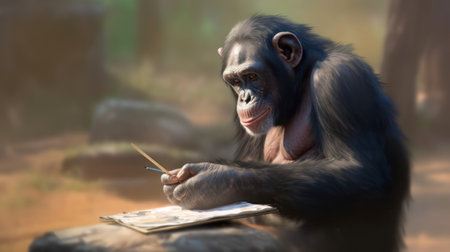 Chimpanzee sitting on a rock and writing in a journalの素材