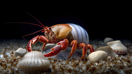 Red crayfish on the sand with shells on a black backgroundの素材